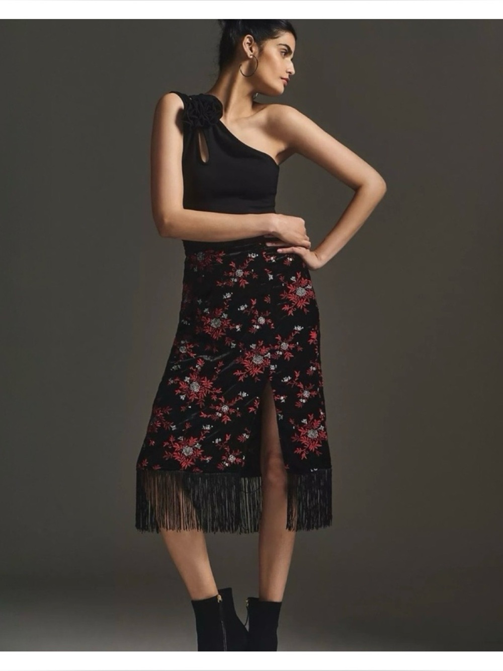 NWOT Anthropologie Maeve Velvet Embroidered Fringe Skirt In Black  Size 6